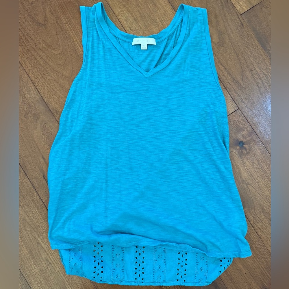 Anthropologie Eri + Ali Women's Teal Sleeveless V-Neck Tank Top with Eyelet Back